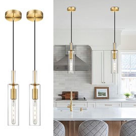 AUTELO 2 Pack Pendant Light Fixtures, Brushed Gold Pendant Lights Kitchen Island, Vintage Cylinder Glass Pendant Lights, Hanging Light for Kitchen Island, Dining Room, H3875 BGNR-2PK