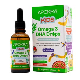 APOKRA Kids Omega 3 Vegan DHA Drops | Liquid Algae Oil Omega-3 for Children | Plant-Based Fish Oil Supplements Alternative | No Fishy Taste, Sugar & Preservative Free | Natural Orange Flavour | 50ml