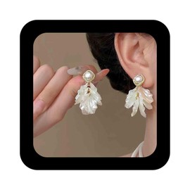 Cimenexe Vintage Shell Pearl Earrings White Shell Pearl Stud Earrings Gold Pearl Flower Drop Earrings Shell Pearl Flower Petal Earrings Jewellery For Women, Zinc, No Gemstone