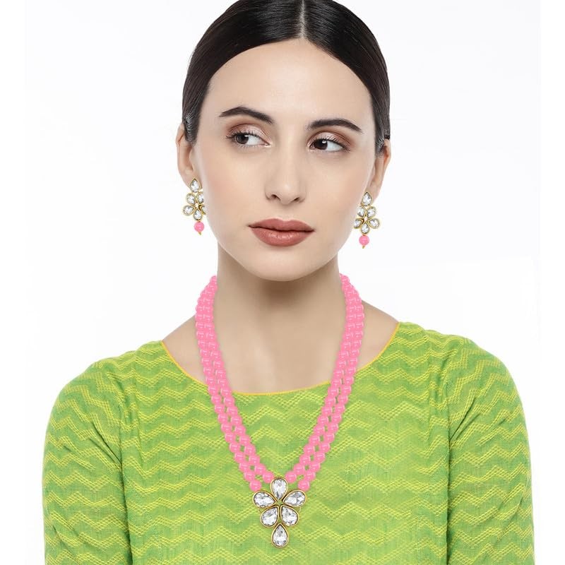 Aheli Crystal Pearl Long Collar con pendientes de caída Conjunto