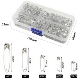 TANSAR Pack of 260 Safety Pins, 5 Sizes, Safety Pins, 19 mm - 55 mm, for Clothes, Crafts, Sewing, Silver