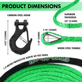 Synthetic Winch Rope, 3/8'' x 60ft 19,854LBS Synthetic Winch Line 3/8 Winch Cable Replacement Synthetic Rope with Forged Winch Hook for 4WD Off Road Vehicle SUV Truck(Green-Slim)