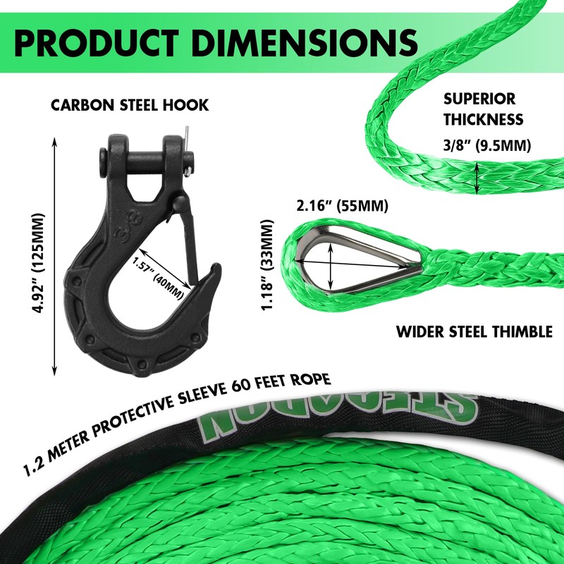 Synthetic Winch Rope, 3/8'' x 60ft 19,854LBS Synthetic Winch Line