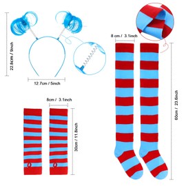 Silicherry 8 Pcs Women Blue Red Striped Costume Set Outfit Accessories Tutu Skirt Long Knee High Sock Striped Glove Headband(Lake Blue, Large)