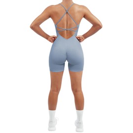 SUUKSESS Women Strappy Romper Workout Yoga Seamless One Piece Jumpsuit Tummy Control Padded Sports Bra (Light Blue, M)