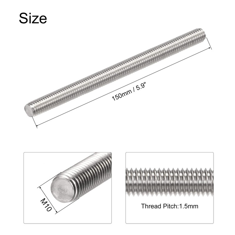 sourcing map 4Pcs M10 x 150mm Fully Threaded Rod 304