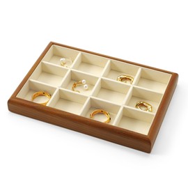 Papten Wooden Jewellery Tray, Jewellery Organiser Jewellery Insert for Drawer, Stackable Jewellery Tray, 12 Compartments, Jewellery Display, 25 x 17 x 3 cm (Beige)