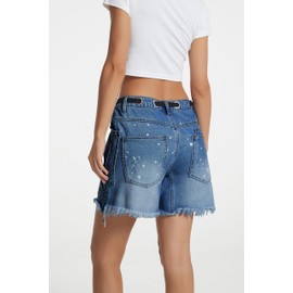 D-Sun Women's Denim Shorts Summer Mid Waist Drawstring Straight Leg Raw Hem Jean Shorts Baggy Boyfriend