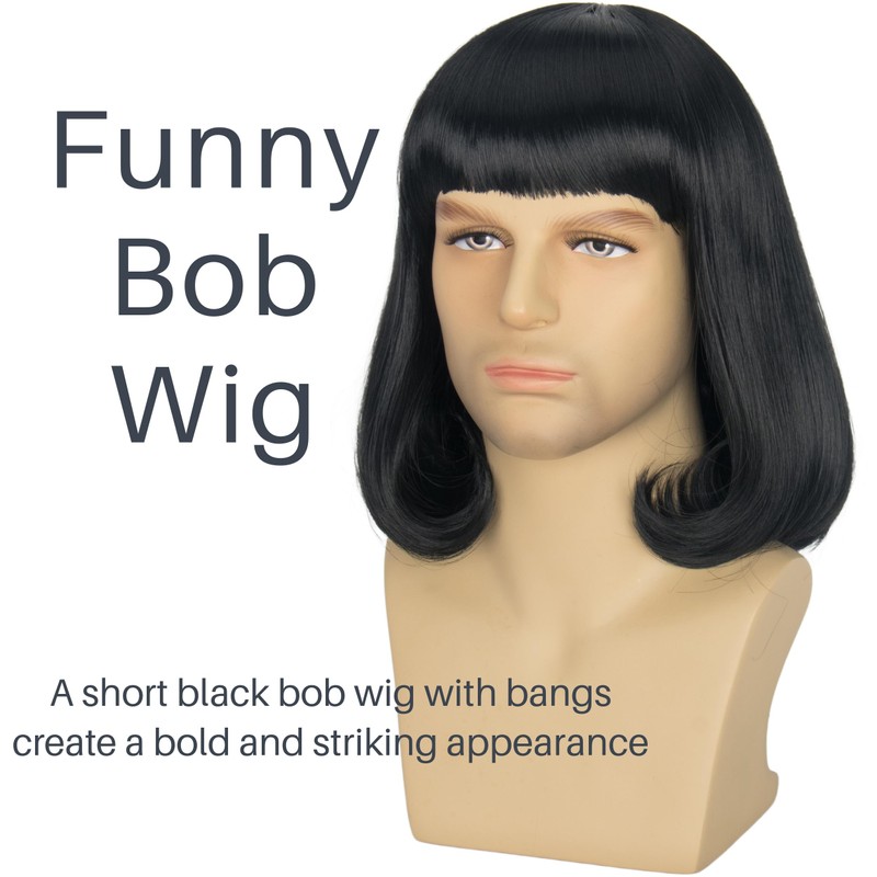 Cosela Farquaad Men Funny Short Black Bob Wig with Full