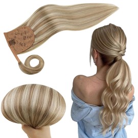 RUNATURE Hair Extensions Ponytail Light Brown with Platinum Blonde with Magic Paste,Pony Tails Hair Extensions with Clip Blends Easily with Hair Wrap Around 80G 16 Inch