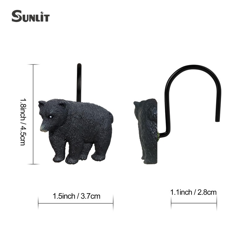 Sunlit Rustic Decorative Shower Curtain Hooks, Black Bear Shower Curtain