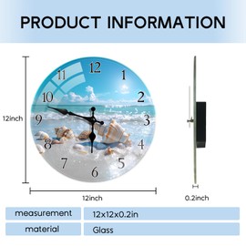 Britimes Round Wall Clock Silent Non-Ticking Battery Operated Glass Decorative Clock 12 Inch, Conch Beach Sea Home Decor for Living Room, Kitchen, Bathroom, Bedroom, and Office