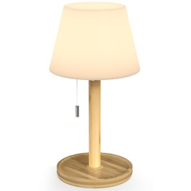 Outdoor Waterproof Table Lamp for Patio, Small Cordless Battery-Operated Lamp, Rechargeable Shower Lamp, 3 Lighting Modes Desk Lamp with Pull Chain Garden Outside Camping Restaurant, Wood Grain