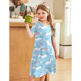 Arshiner Pajamas Children Girls Nightgown Short Sleeve Nightdress Blue Unicorn Sleepdress Round Neck Sleepwear 9-10 Years