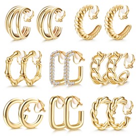 FASACCO Gold Clip On Hoop Earrings for Women Fashion Clip on Earrings Twist Round Geometric Chunky Hoop Clip Earrings No Piercing Fake Earrings, Gold