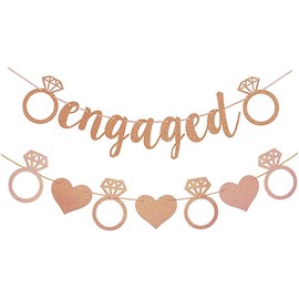 Rose Gold Engaged Banner, Glittery Gold Banner with Diamond Ring and Heart Garland Decorations Supplies for Engagment/Wedding/Bridal Shower Bachelorette Party, Engagement Signs Decor Photo Backdrop