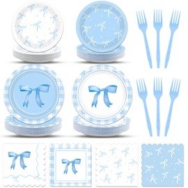 Yiaoyinnz 96PCS Blue Bow Party Plates and Napkins Blue Bow Birthday Party Supplies for Girl Bachelorette Bridal Engagement Baby Shower Coquette Tableware Dinnerware Serves 24 Guests Party Decorations