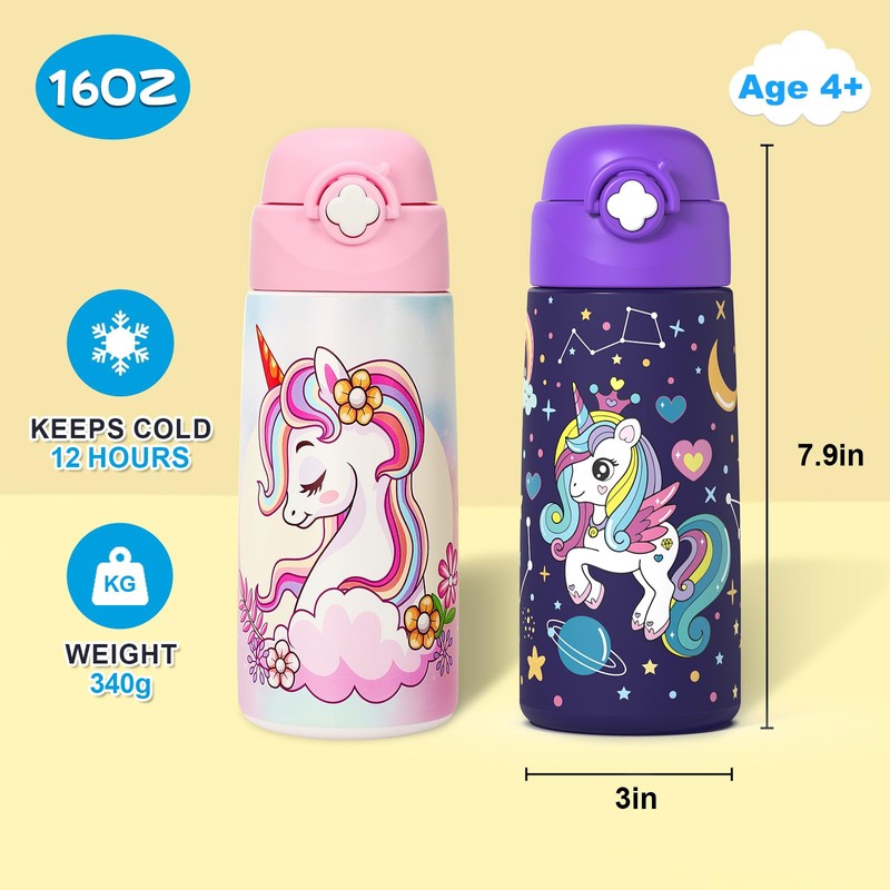 Ntswasd Girls Insulated Water Bottle with Covered Pop-Up Straw,16 oz