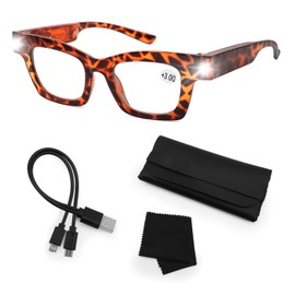 Magnifying Glasses with Light USB Rechargeable LED Reading Glasses Lighted Magnifying Eyewear Readers with Lights Hands Free Magnifier Eyeglasses for Women Men Close Work Lighted Readers Glasses+200