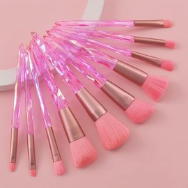 Kingtree Juego de 10 brochas de maquillaje de cristal rosa, base sintética de primera calidad, corrector de polvo, sombra de ojos, kit de brochas de m