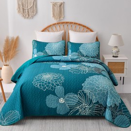 Queen Quilt Sets Teal Floral Pattern Quilt Bedding Set, 3 Pieces Botanical Quilt Boho Flower Soft Microfiber Bed Coverlet for All Season(96" x 90)