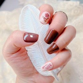 Short Square Press on Nails Brown Full Cover Fake Nails Creamy White False Nails with Rose Designs Glossy Acrylic Nails Glue on Nails Reusable Stick on Nails Gel Nail Strips for Women Girls 24 Pcs