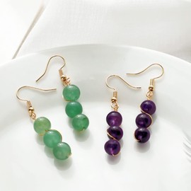 Nupuyai Amethyst 3 Beads Wire Wrap Vintage Drop Earrings for Women, Healing Crystal Stone Dangel Earrings for Wedding Party, 51mm