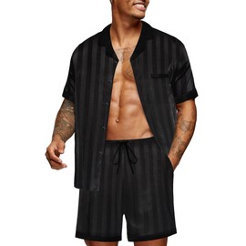 Ekouaer Men Satin Silk Pajamas Set with Pockets Sleepwear Shorts Satin Summer Loungewear 2 Piece Button Down Set S-XXL