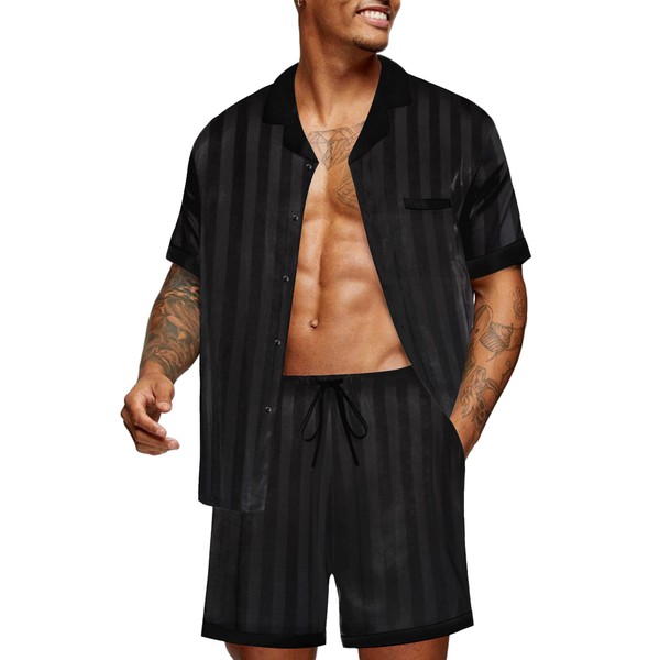 Ekouaer Men Satin Silk Pajamas Set with Pockets Sleepwear Shorts