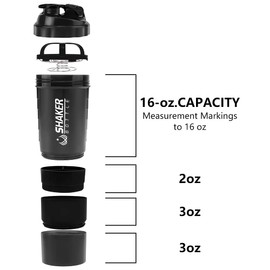 XSUPER Protein Shaker Bottle, 16oz Leak Proof Sports Shaker Water Bottle for Protein Mixes, Non Slip Shaker Cup with 2 Twist On Cups on Each Bottom for Powder & Capsule Organizer (Black)