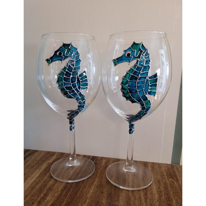Seahorse Blue Green Hand Painted Wine Glasses Set of 2