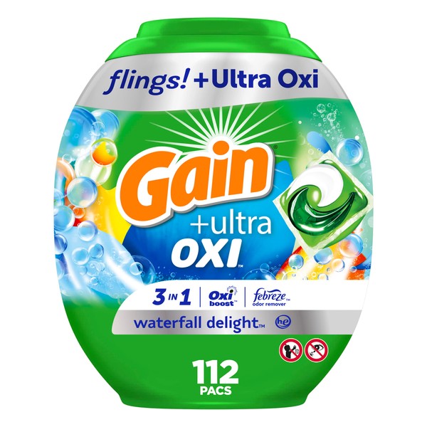 Gain flings Ultra Oxi Laundry Detergent Pacs, 112 Count, Waterfall