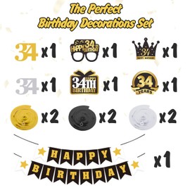 LINGTEER Happy 34th Birthday Swirls Streamers Set - Happy Birthday Banner,Cheers to 34th Birthday 34 Years Old Bday Party Hanging Backdrop Decorations.