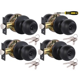 Lanwandeng 4 Pack Matte Black Door Knobs with Lock and Keys All Alike, Interior/Exterior Door Knob for Bedroom or Bathroom, Entry Door Lock