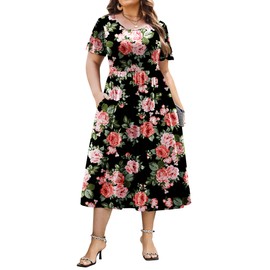 IN'VOLAND Plus Size Womens Summer Short Sleeve Crew Neck Midi Dress 2025 Fashion Casual Flowy Boho Beach Vacation Sundress