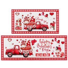 Bencailor 2 Pcs Valentine Day Kitchen Rug Red Heart Gnome Welcome Door Mats Non Slip Washable Decorative Doormat Absorbent Carpet Floor Mat for Indoor Outdoor Home Front Door Bathroom Decor(Romantic)
