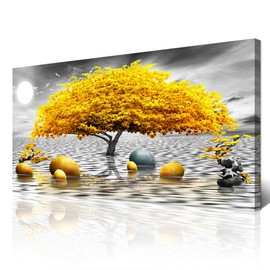 Wapluam Large Canvas Wall Art For Living Room Office Decor Framed Wall Decor Art For Bedroom Black And White Wall Painting Yellow Tree View Wall Pictures Prints Artwork Room Home Decoration 24"X48"