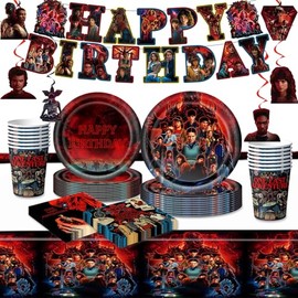88PCS Stranger Birthday Party Full Supplies Kit：1 Banner + 6 Hanging Swirls + 20 (9-inch) Plates + 20 (7-inch) Plates + 20 Napkins + 20 Cups + 1 Tablecloth