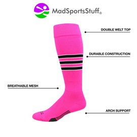 MadSportsStuff Dugout 3 Stripe Baseball Socks (Neon Pink/Black/White, Small)