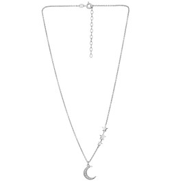 Vanbelle Sterling Silver - Rhodium Plated with 925 Stamp - Crescent Moon and Star Pendant Necklace with CZ Stones for Women - 16" Chain + 2" Extender