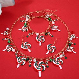 ZOLEAROPY Christmas Candy Necklace Bracelet Earrings Set for Women Xmas Festive Red Green Sweet Peppermint Candy Cane Xmas Winter Holiday Birthday Party Accessory Gifts