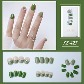 Press on Nails Short Square 24Pcs Glossy Full Cover Acrylic Square Green False Nails with Pearl Designs Reusable Short Coffin Fake Nails with Charm Glue Stick on Fingernails for Women Girls