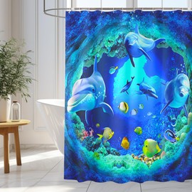 wiipara Shower Curtain, 180 x 200 cm, Waterproof Shower Curtains, Blue Dolphin Shower Curtains, Polyester Bath Curtain, Washable Bathroom Curtain, Shower Curtain, Anti-Mould with 12 Shower Curtain