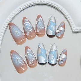 Almond Press on Nails Medium Fake Nails with Swirl Silver Designs False Nails Glossy Blue Glue on Nails for Women 24pcs