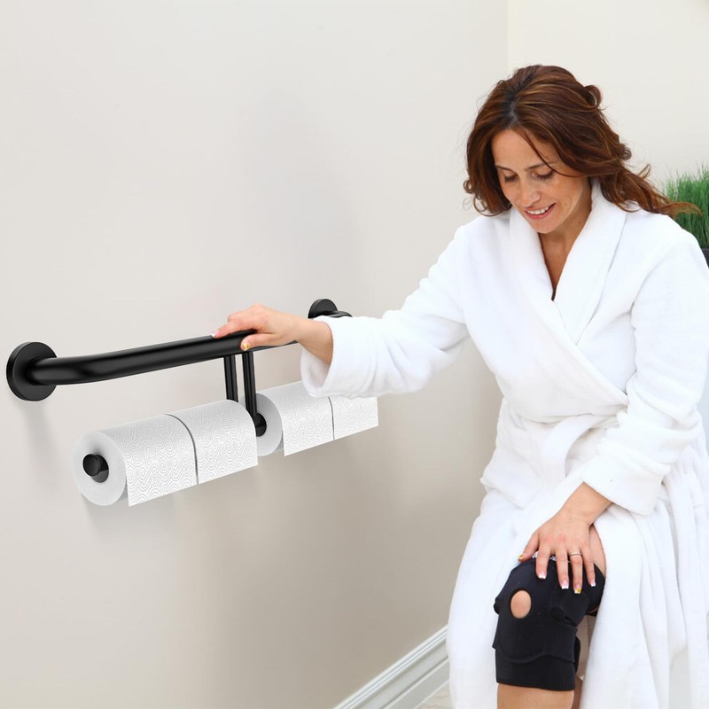 24 Inch Grab Bar w/Double Toilet Paper Roll Holder Black,