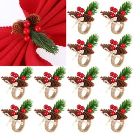 12 Pieces Christmas Napkin Rings Holder Pine Cones Poinsettia Pumpkin Wooden Napkin Rings Decor for Christmas Thanksgiving Birthday Party Supplies (Classic Pine Cone Style)