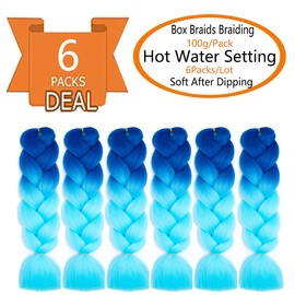 SHUOHAN 6 Packs Ombre Jumbo Braiding Hair Extensions 24 Inch High Temperature Synthetic Fiber Hair Extensions for Box Braids Braiding Hair (Blue to Sky Blue)