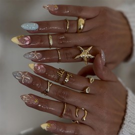 30Pcs Summer Ocean Press on Nails Almond Medium Fake Nails Cute False Nails with 3D Flower Starfish Design Handmade Acrylic Nails Press ons French Tip Nails Full Cover Glue on Nails for Women