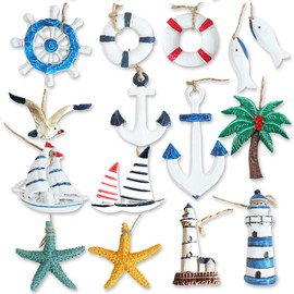 Daimay 14PCS Resin Nautical Ornaments Miniature Beach Ornament Kits Mini Seaside Anchor Beacon Lifebuoy Sailboat Seastar Model Micro Landscape Scenery Decor Aquarium Terrariums Miniature Gardens