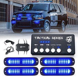 Xprite Blue LED Surface Mount Strobe Police Lights Kit, Emergency Safety Warning Flashing Grille Cop Marker Light for Volunteer Vehicles Trucks ATV UTV Cars Vans Motorcycle - 4PCS